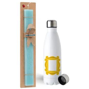 Friends frame, Easter Set, metallic stainless steel water bottle (750ml) & aromatic flat Easter candle (30cm) (TURQUOISE)