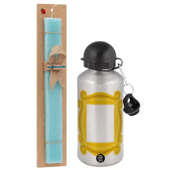 Friends frame, Easter Set, metallic silver aluminum water bottle (500ml) & scented flat Easter candle (30cm) (TURQUOISE)