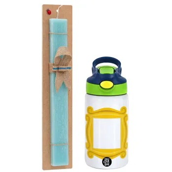 Friends frame, Easter Set, Children's thermal stainless steel bottle with safety straw, green/blue (350ml) & aromatic flat Easter candle (30cm) (TURQUOISE)