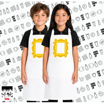 Friends frame, Λευκή ΠΑΙΔΙΚΗ Ποδιά μακριά Σεφ ολόσωμη με τσέπες