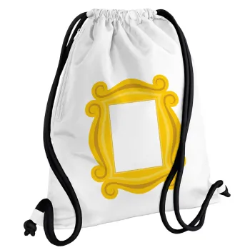 Friends frame, Τσάντα πλάτης πουγκί GYMBAG λευκή, με τσέπη (40x48cm) & χονδρά κορδόνια