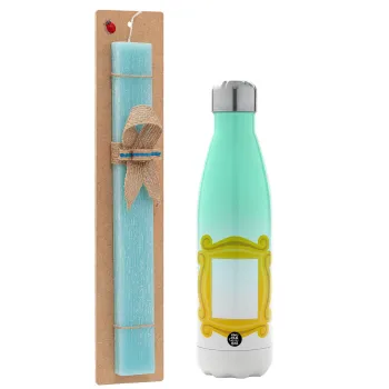 Friends frame, Easter Set, Metallic green/white thermos (Stainless steel), double-walled, 500ml & scented flat Easter candle (30cm) (TURQUOISE)