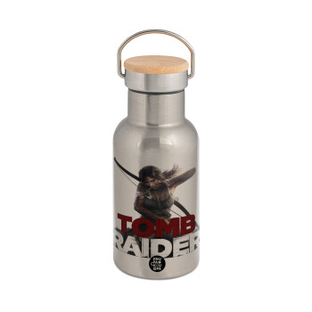 Tomb raider, Stainless steel metallic thermos flask, silver with a bamboo lid, double-walled, 350ml.