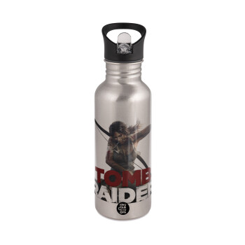 Tomb raider, Water bottle Silver with straw, stainless steel 600ml