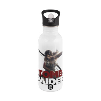Tomb raider, White water bottle with straw, stainless steel 600ml