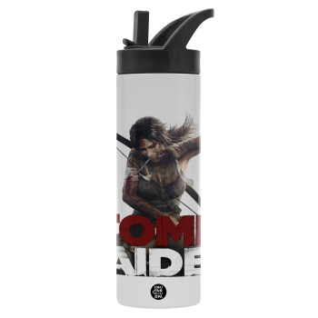 Tomb raider, Metallic thermos bottle with straw & handle, stainless steel (Stainless steel 304), double-walled, 600ml.