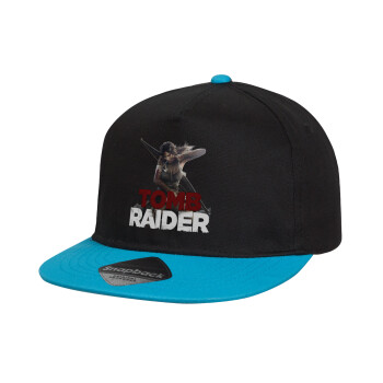 Tomb raider, Καπέλο παιδικό Flat Snapback, Μαύρο/Μπλε (100% ΒΑΜΒΑΚΕΡΟ, ΠΑΙΔΙΚΟ, UNISEX, ONE SIZE)