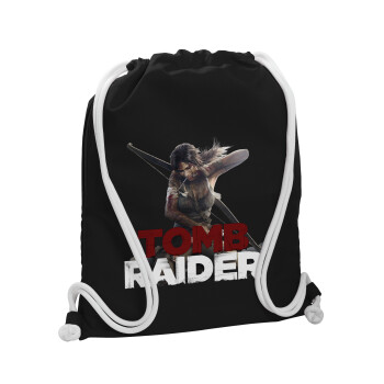 Tomb raider, Τσάντα πλάτης πουγκί GYMBAG Μαύρη, με τσέπη (40x48cm) & χονδρά λευκά κορδόνια