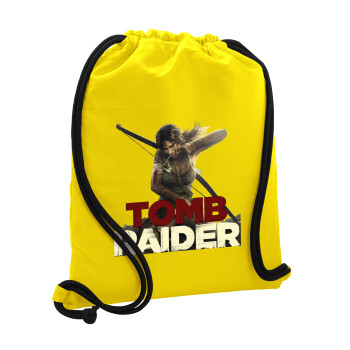 Tomb raider, Τσάντα πλάτης πουγκί GYMBAG Κίτρινη, με τσέπη (40x48cm) & χονδρά κορδόνια