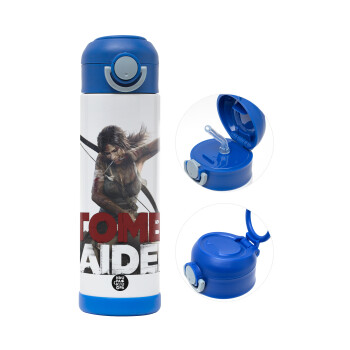Tomb raider, Children's hot water bottle, stainless steel, with safety straw, BLUE (500ml)