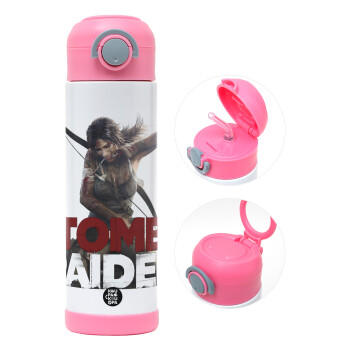 Tomb raider, Children's hot water bottle, stainless steel, with safety straw, PINK (500ml)