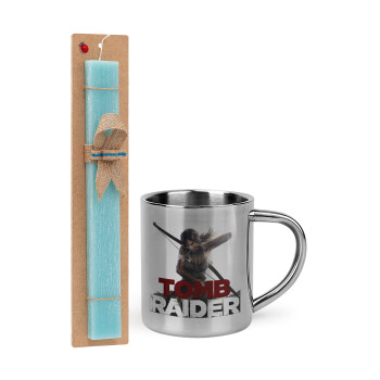 Tomb raider, Easter Set, metallic thermal cup (300ml) & aromatic flat Easter candle (30cm) (TURQUOISE)