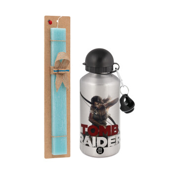 Tomb raider, Easter Set, metallic silver aluminum water bottle (500ml) & scented flat Easter candle (30cm) (TURQUOISE)