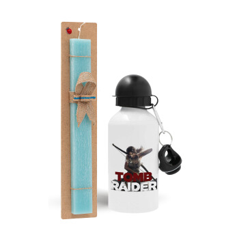 Tomb raider, Easter Set, metallic aluminum water bottle (500ml) & scented flat candle (30cm) (TURQUOISE)