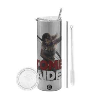 Tomb raider, Eco friendly stainless steel Silver tumbler 600ml, with metal straw & cleaning brush