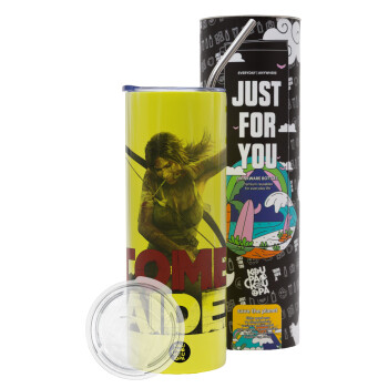 Tomb raider, Neon Yellow Travel Tumbler θερμό, μεταλλικό καλαμάκι(Ανωξείδωτο 304 Food grade, BPA free, 600ml)