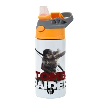 Tomb raider, Children's hot water bottle, stainless steel, with safety straw, Orange/Grey (360ml) BPA-FREE