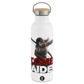 Tomb raider, Stainless steel White with wooden lid (bamboo), double wall, 750ml