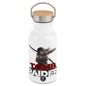 Tomb raider, Metallic thermos (Stainless steel) White with wooden lid (bamboo), double-walled, 350ml