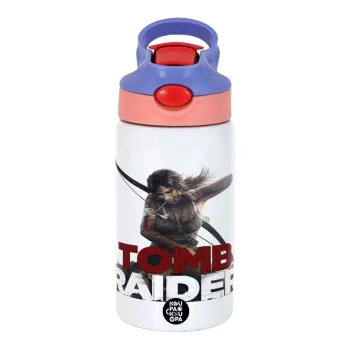 Tomb raider, Παιδικό παγούρι θερμό, ανοξείδωτο, με καλαμάκι ασφαλείας, ροζ/μωβ (350ml)