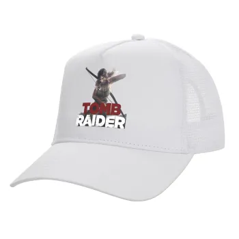 Tomb raider, Structured Trucker Adult Hat, with Mesh, WHITE (100% COTTON, ADULT, UNISEX, ONE SIZE)