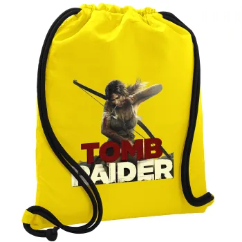 Tomb raider, Τσάντα πλάτης πουγκί GYMBAG Κίτρινη, με τσέπη (40x48cm) & χονδρά κορδόνια