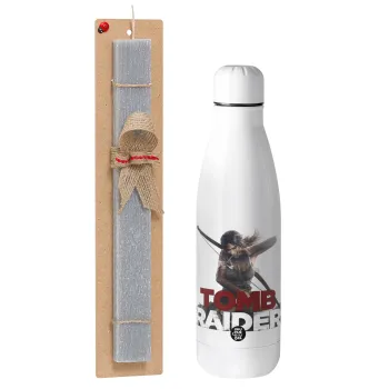 Tomb raider, Easter Set, metallic stainless thermos bottle (500ml) & scented flat Easter candle (30cm) (GRAY)