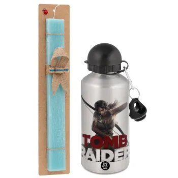 Tomb raider, Easter Set, metallic silver aluminum water bottle (500ml) & scented flat Easter candle (30cm) (TURQUOISE)