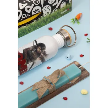 Tomb raider, Easter Set, metallic silver aluminum water bottle (500ml) & scented flat Easter candle (30cm) (TURQUOISE)