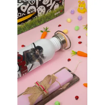 Tomb raider, Easter Set, SS Metallic water bottle (620ml, stainless steel) & scented flat Easter candle (30cm) (PINK)