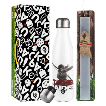 Tomb raider, Easter candle, metallic white thermos bottle (500ml) & aromatic flat candle (30cm) (GRAY)