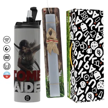 Tomb raider, Easter candle with Grey Tumbler Thermo 600ml & aromatic flat candle (30cm) (GREY)