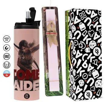 Tomb raider, Easter candle,Travel Tumbler 2 Lids, with metal straw & cleaning brush & aromatic flat candle (30cm) (PINK)