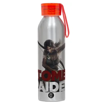 Tomb raider, Αλουμινένιο Αθλητικό Μπουκάλι 650ml – Ασημί με Κόκκινο Καπάκι και Λουράκι Σιλικόνης
