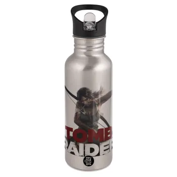 Tomb raider, Παγούρι νερού Ασημένιο με καλαμάκι, ανοξείδωτο ατσάλι 600ml
