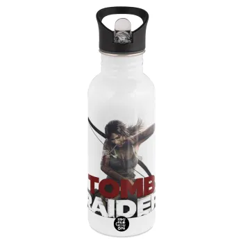 Tomb raider, White water bottle with straw, stainless steel 600ml