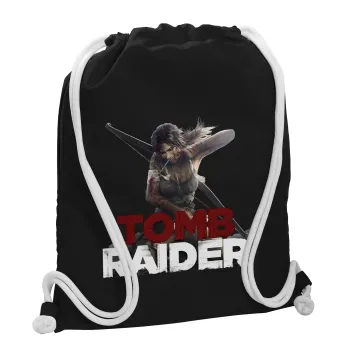 Tomb raider, Τσάντα πλάτης πουγκί GYMBAG Μαύρη, με τσέπη (40x48cm) & χονδρά λευκά κορδόνια