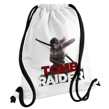 Tomb raider, Backpack pouch GYMBAG white, with pocket (40x48cm) & thick cords