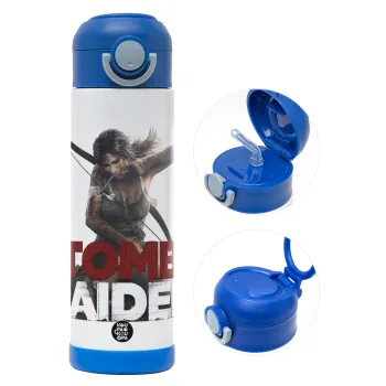 Tomb raider, Children's hot water bottle, stainless steel, with safety straw, BLUE (500ml)