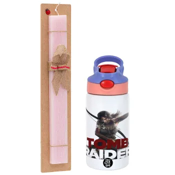 Tomb raider, Easter Set, Children's thermal stainless steel water bottle with safety straw, pink/purple (350ml) & Easter scented flat candle (30cm) (PINK)
