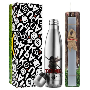 Tomb raider, Easter Set, metallic stainless thermos flask (500ml) & scented flat Easter candle (30cm) (GRAY)