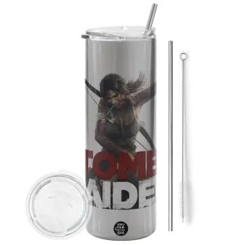 Tomb raider, Tumbler stainless steel Silver 600ml, with metal straw & cleaning brush