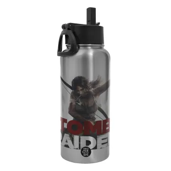 Tomb raider, Metal mug thermo Silver with Straw and Spout Lid (Stainless steel), double wall, 950ml