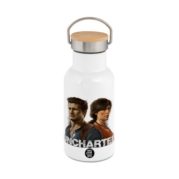Uncharted, Μεταλλικό παγούρι θερμός (Stainless steel) Λευκό με ξύλινο καπακι (bamboo), διπλού τοιχώματος, 350ml