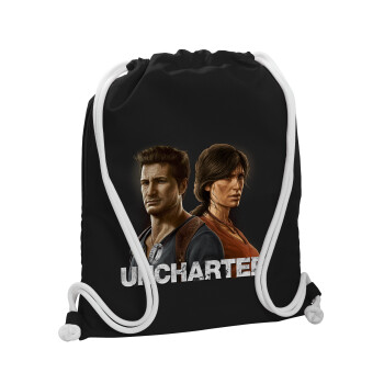 Uncharted, Τσάντα πλάτης πουγκί GYMBAG Μαύρη, με τσέπη (40x48cm) & χονδρά λευκά κορδόνια