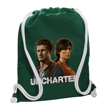 Uncharted, Τσάντα πλάτης πουγκί GYMBAG BOTTLE GREEN, με τσέπη (40x48cm) & χονδρά λευκά κορδόνια