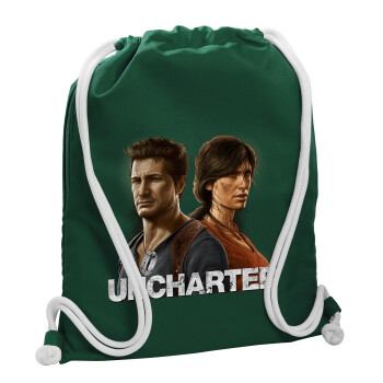 Uncharted, Backpack pouch GYMBAG BOTTLE GREEN, with pocket (40x48cm) & thick white cords