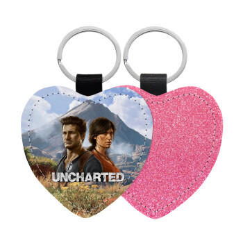Uncharted, Μπρελόκ PU δερμάτινο glitter καρδιά ΡΟΖ