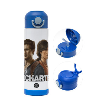 Uncharted, Children's hot water bottle, stainless steel, with safety straw, BLUE (500ml)