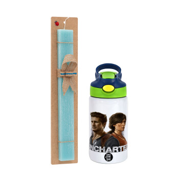 Uncharted, Easter Set, Children's thermal stainless steel bottle with safety straw, green/blue (350ml) & aromatic flat Easter candle (30cm) (TURQUOISE)
